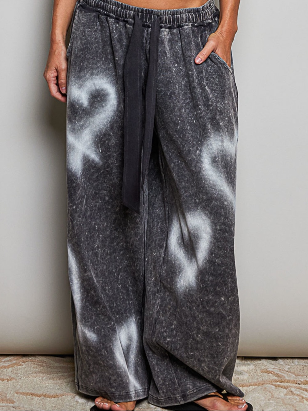 💕NEW! POLWomen's Black Acid-Wash Wide Leg Lounge Pants